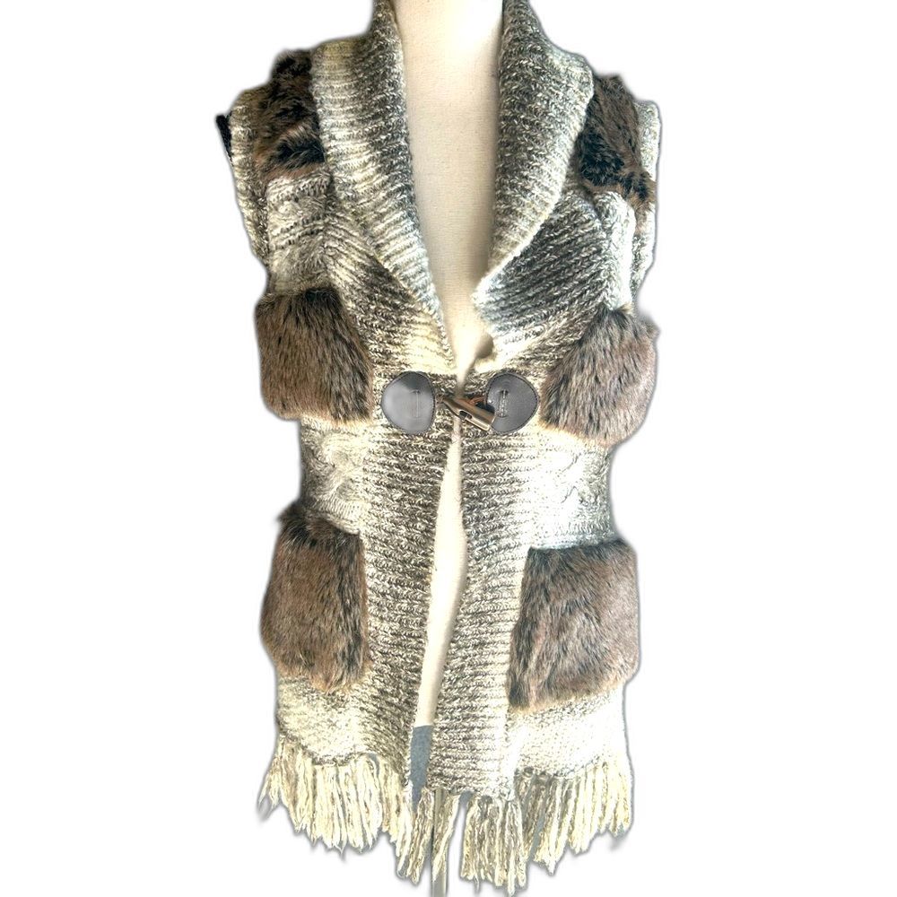 Cynthia Rowley woman’s midi vest sweater fringe boho white browns faux fur  SM